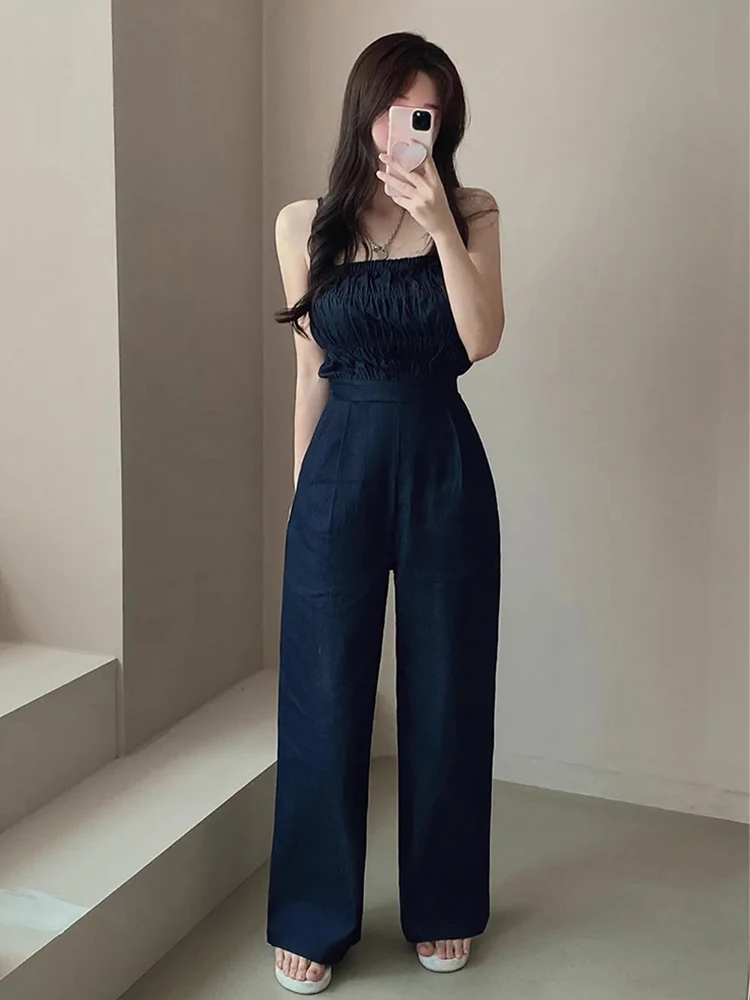 

Design Sensation Retro Strasuit Women's High Waist Wide Leg Long Pants Slimming Effect Summer New Sle Cotton Blend Fabric