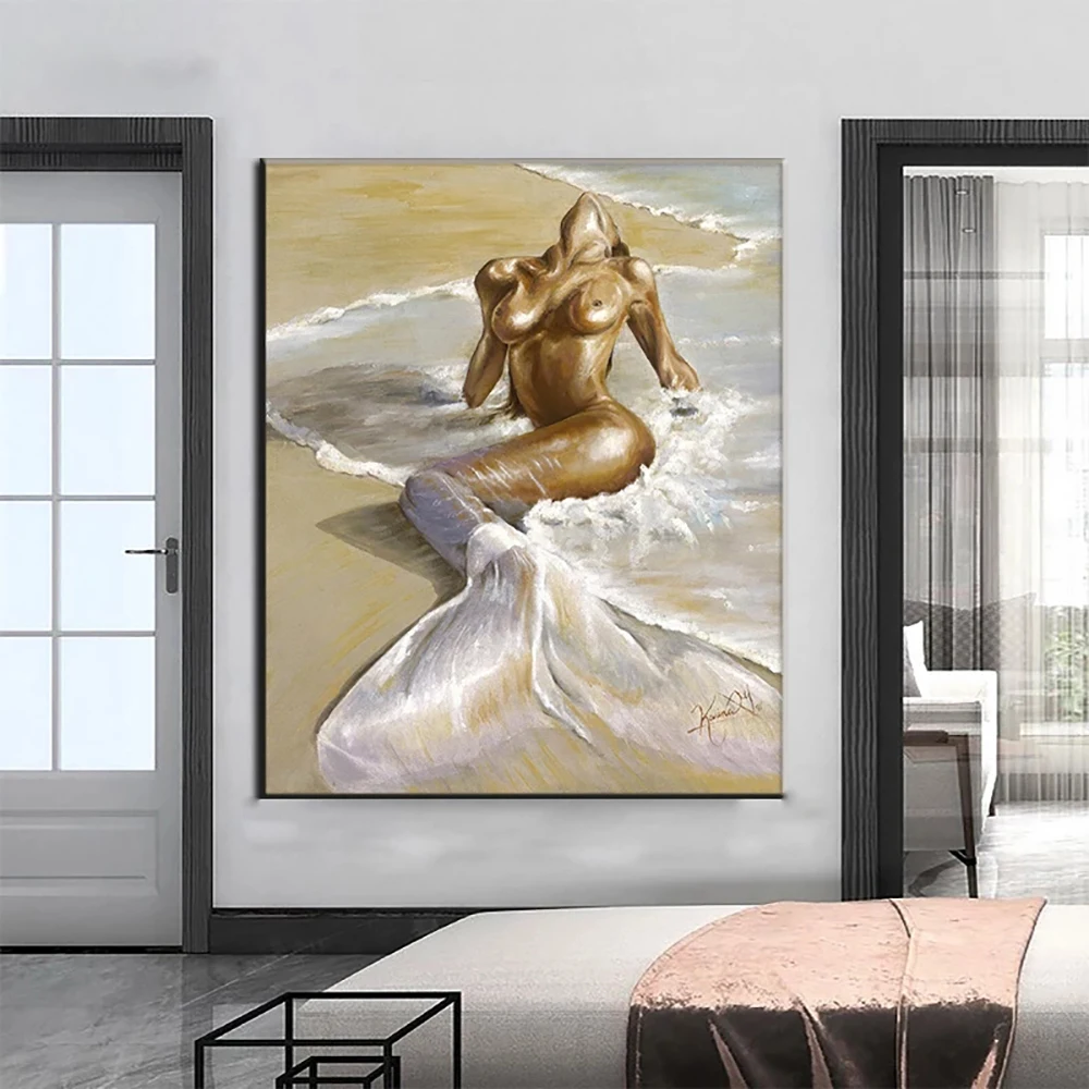 

Mermaid On The Beach Oil Painting Handmade Sexy Nude Women Seaside Canvas Painting Wall Art Picture for Bedroom Room Home Decor