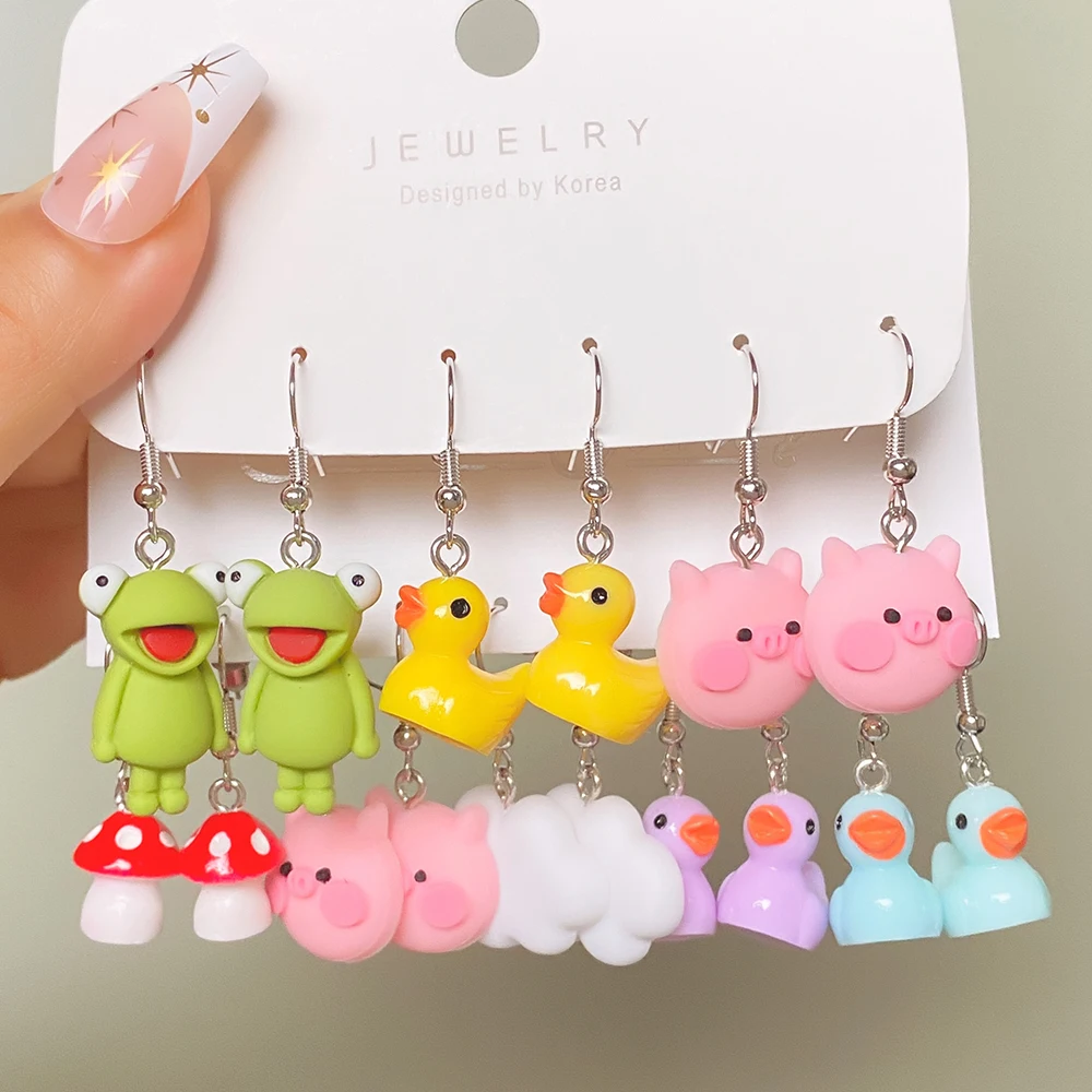 VKME Cute Frog Duck Earrings for Women Geometric Cloud Earrings Pink Cartoon Pig Earring Set Party Kawaii 2022 Trending Jewelry