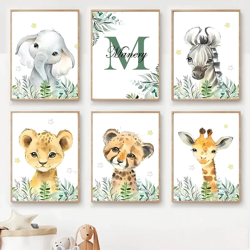 

Forest Baby Personalized Name Green Canvas Painting Cartoon Animals Poster Children's Bedroom Wall Art Print Picture Room Decor