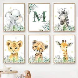 Forest Baby Personalized Name Green Canvas Painting Cartoon Animals Poster Children's Bedroom Wall Art Print Picture Room Decor