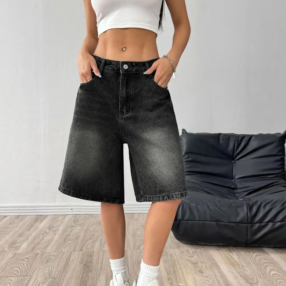 Distressed Denim Shorts Women's High Waisted Bermuda Jean Shorts Wide Leg Baggy Denim Jorts with Pockets Knee Length Loose Long
