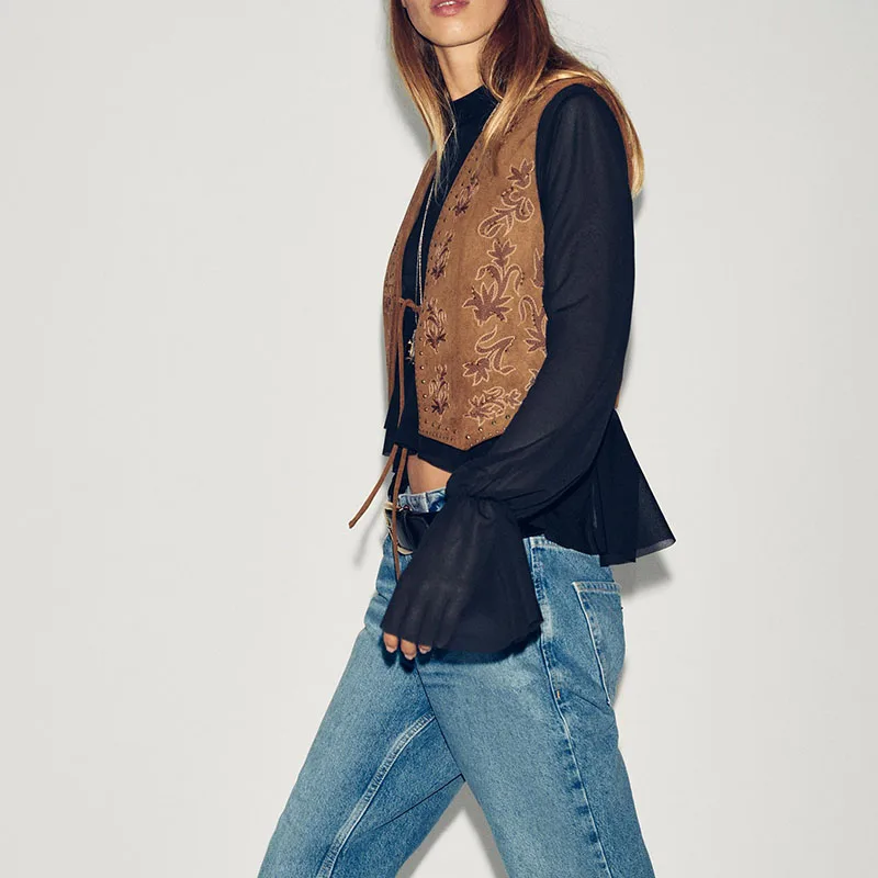 새로운 가을 여성용 비즈 자수 인조 벨벳 조끼 스트리트 스타일 단추 하나로 여밈 기타 소재 00%