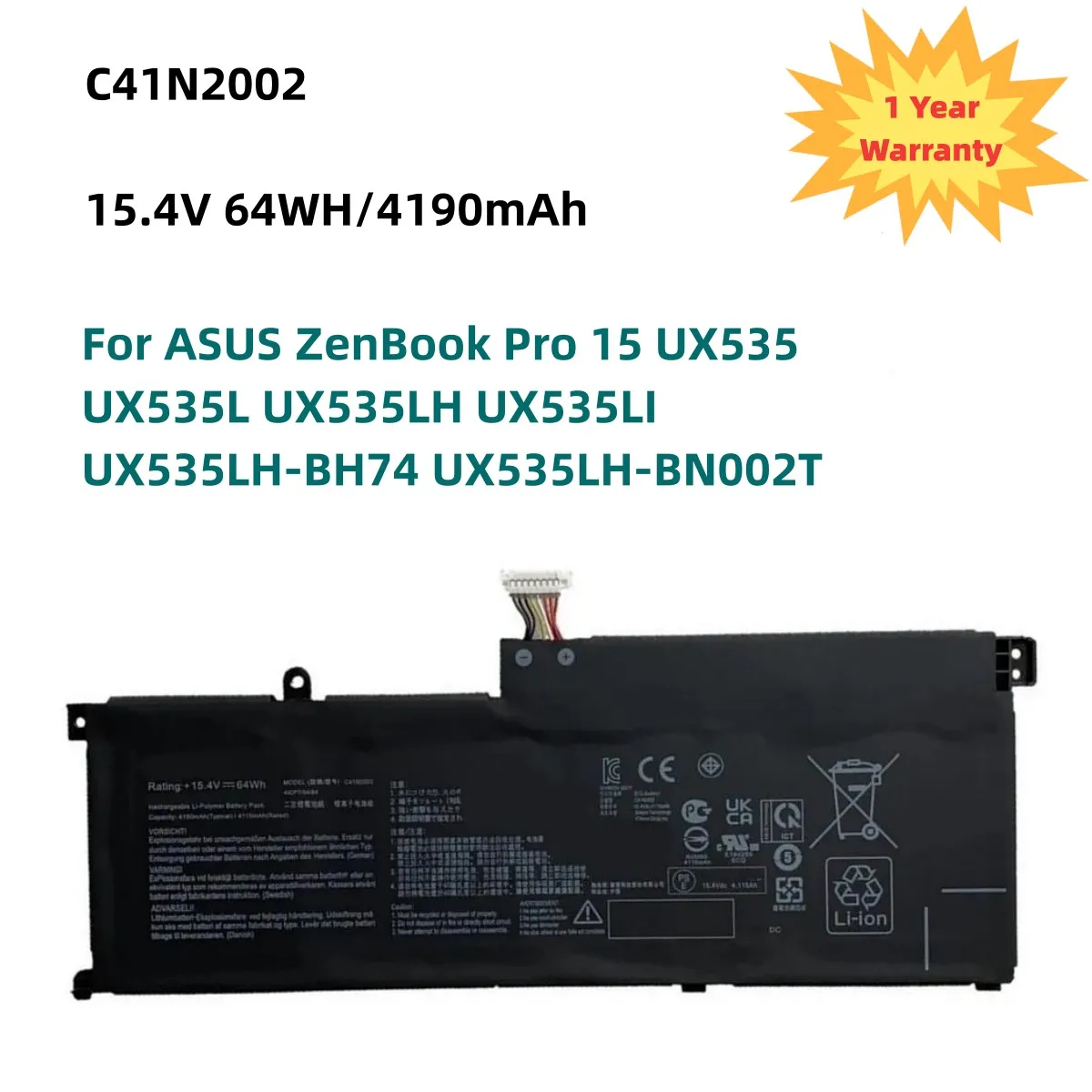 

New 4190mAh C41N2002 Laptop Battery For Asus ZenBook Pro 15 UX535 UX535L UX535LH UX535LI UX535LH-BH74 UX535LH-BN002T 4ICP7/54/64