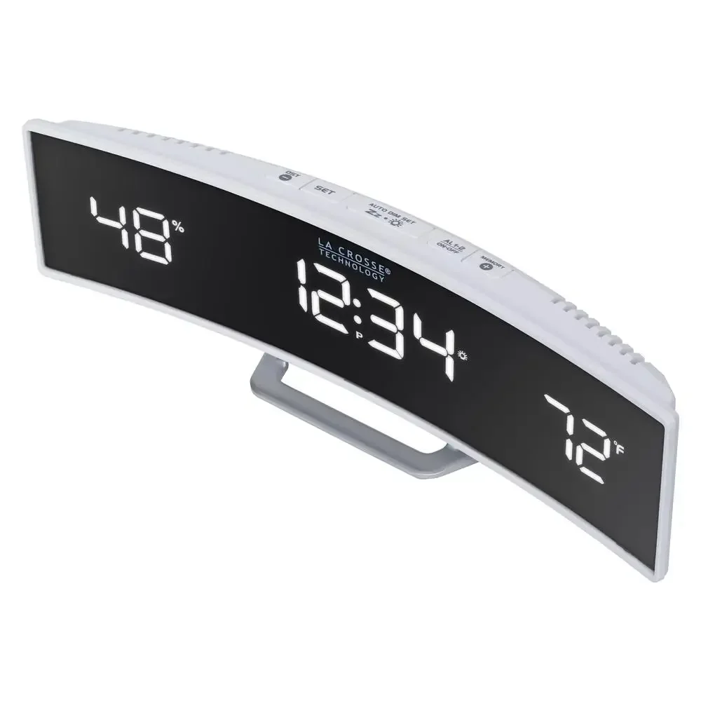 Curved Glass LED Alarm Clock USB Charge Port Temperature Humidity Backup Power Night Mode