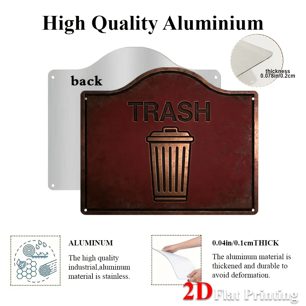 2D Flat, 1pc , Vintage Red 'Trash' Aluminum Sign With Garbage Can Icon - Wall- Retro Waste Disposal Sign