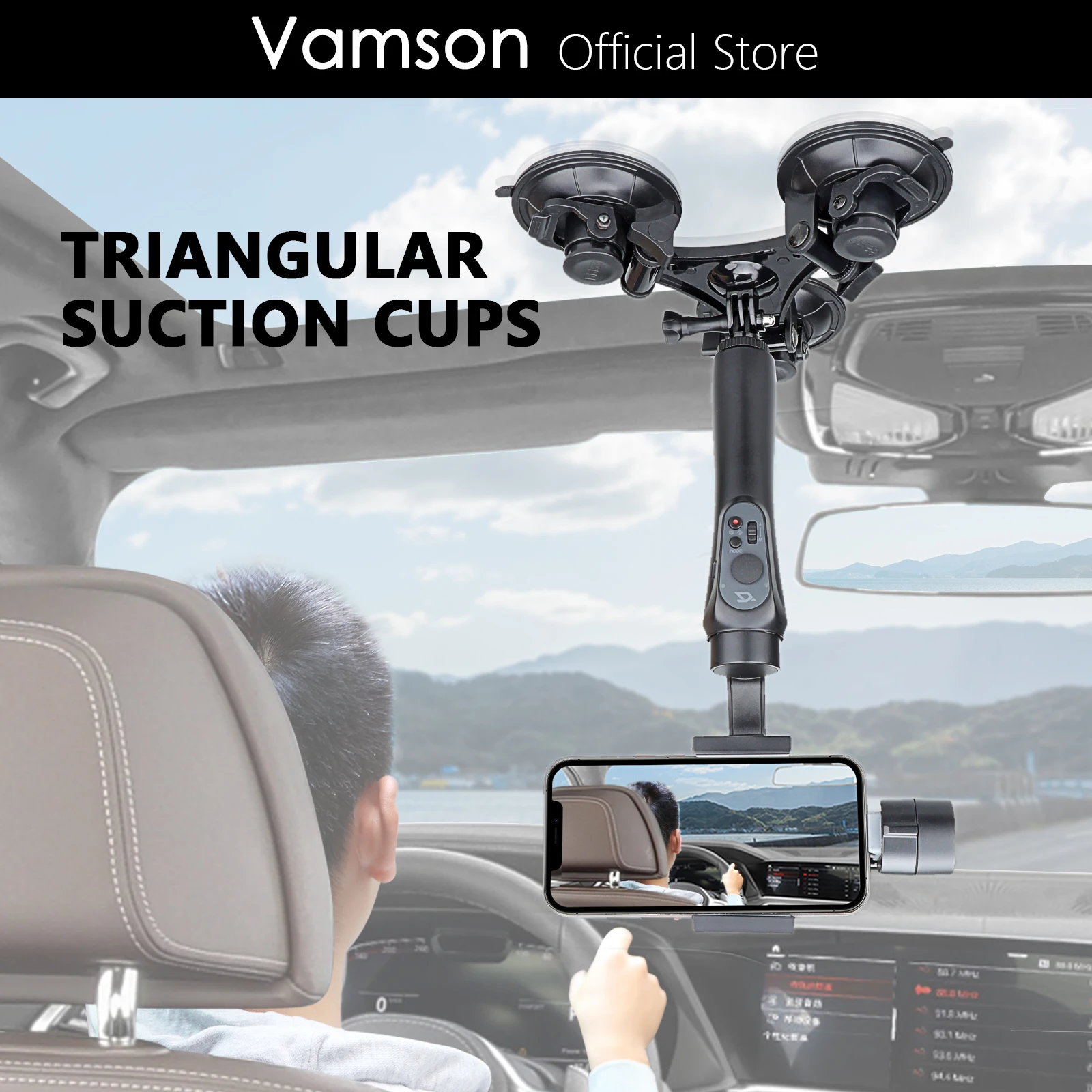 Vamson for Gopro Accessories 9CM Adjustable Tri Angle Suction Cup Mount with Extension Rod for Smartphone for Insta360 X3 X2