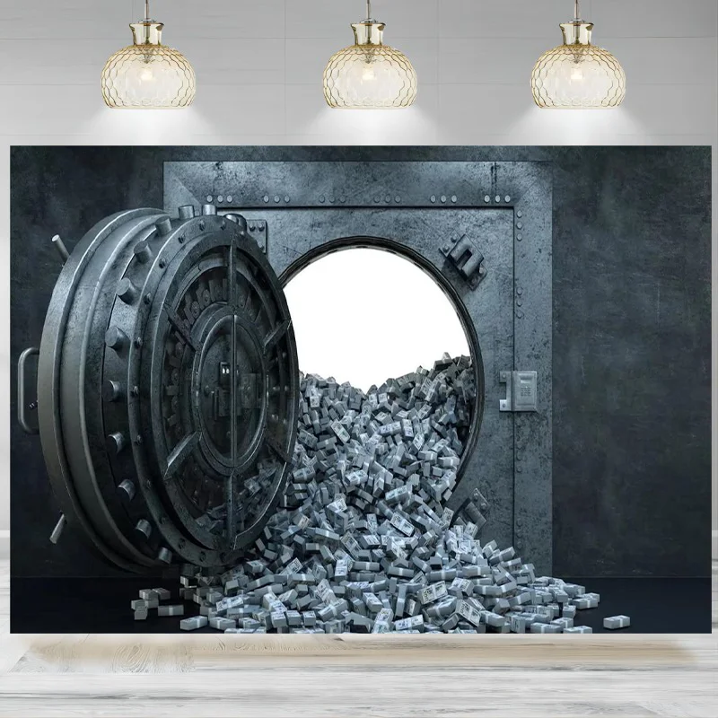 Bank Vault Photography Backdrop Banknotes Money Retro Metallic Safety Gate Background Bank Theme Party Decorations Banner