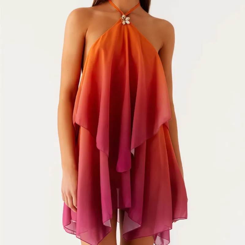 2025 Summer Holiday Beach Party Women's Mini Dress Fashionable Elegant Mesh Gradient Color Sexy Halter Neck Backless Loose Dress