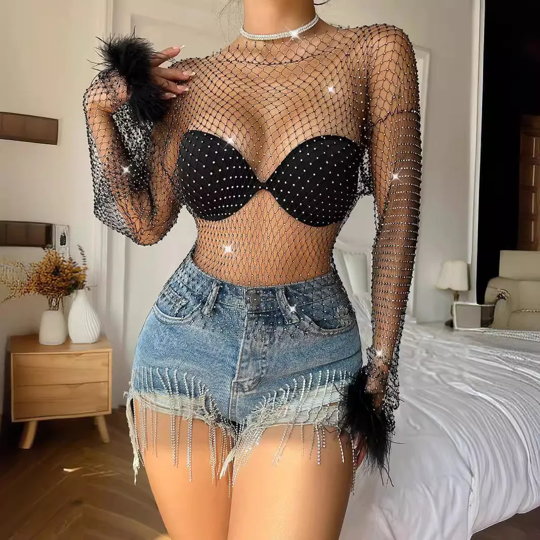 Women Long Sleeve Fishnet Mesh T-Shirt Glitter Rhinestone Hollow Feather Cuff Transparent Cover Up Crop Top Nightclub Party