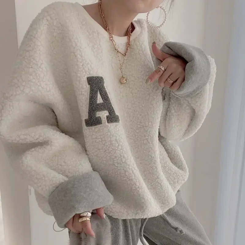 Chic Plush Thicken Pullovers Women Embroidery Letter Pullover Tops Autumn Winter Trend Loose Lamb Wool Warm Sweater Y2k Clothes