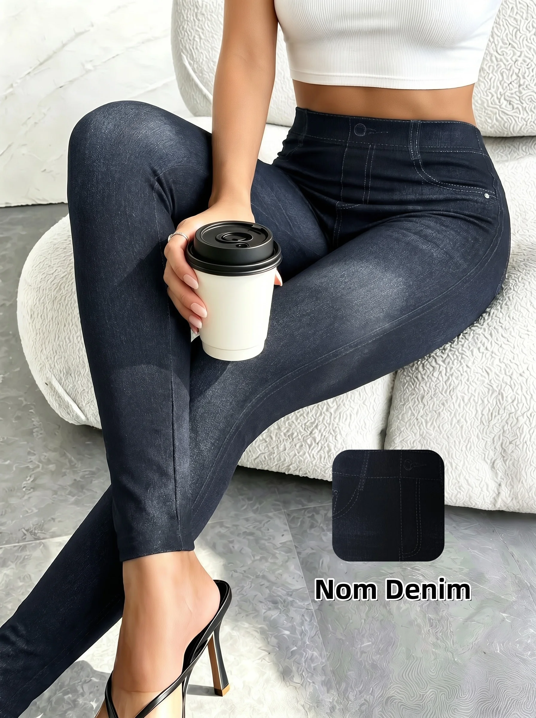 Damen Einfarbige Gewaschene Blaue Faux-Denim Knöchellange Leggings Minimalistische Hochelastische Hosen für Tägliche Freizeitkleidung – Detail 1