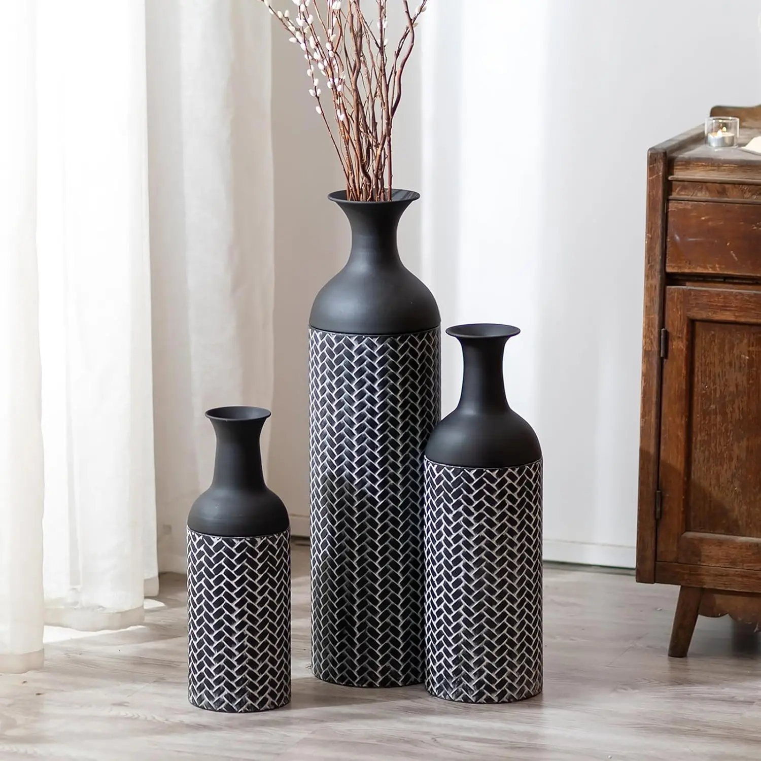 

Sziqiqi Black Large Vases: 27/20/16In Tall Metal Floor Vase Set Of 3 Giant Standing Vase Vintage Floor Vase For