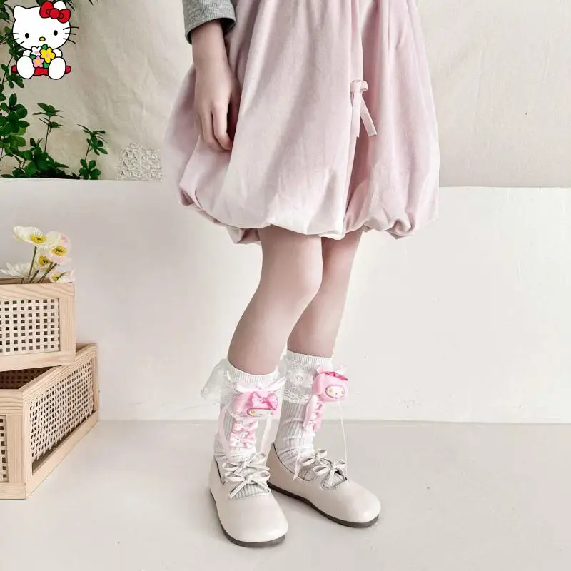 

Kuromi Hello Kitty носки с бантом для девочек, кавайные весенне-осенние вязаные носки с героями мультфильмов, новые носки среднего размера в стиле аниме Sanrio Dopamine