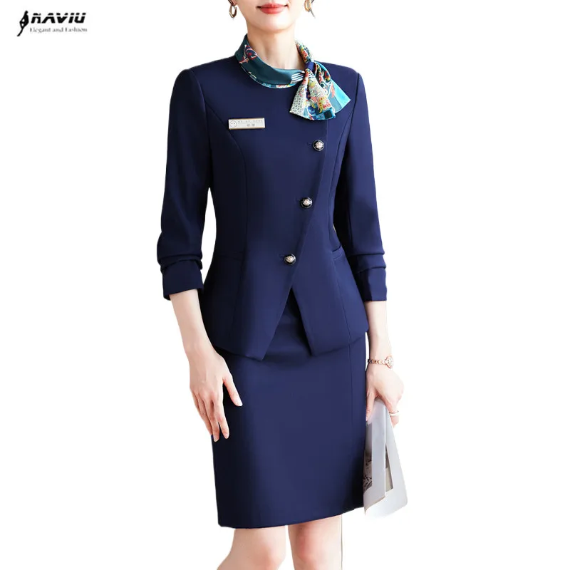 NAVIU Navy Blue Bow Collar Suits Women Elegant Fashion New Professional Slim Blazer And Skirt Office Ladies Work Wear Unformal