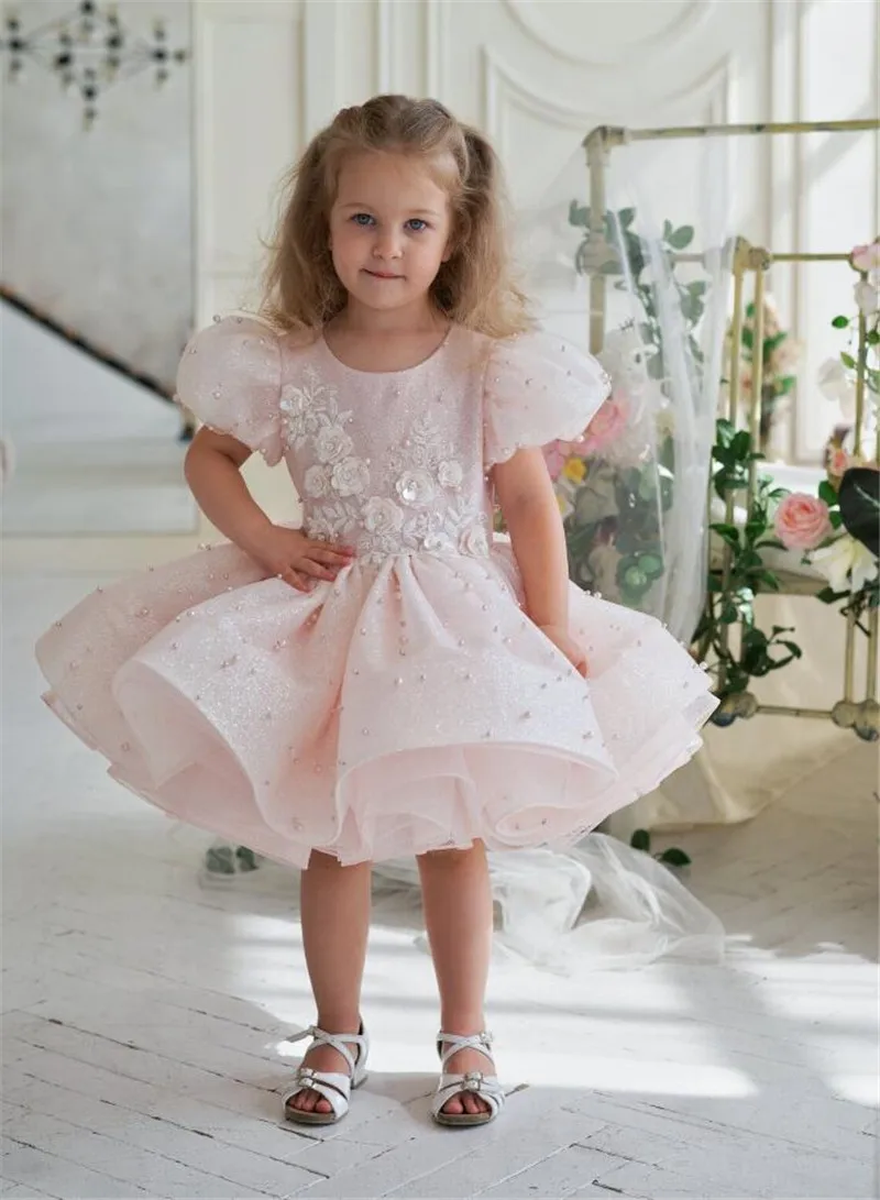 

Blush Baby Girls Birthday Party Gown with Bow Floral Lace Pearls Flower Girl Dress Knee Length First Communion Dress 12M 24M