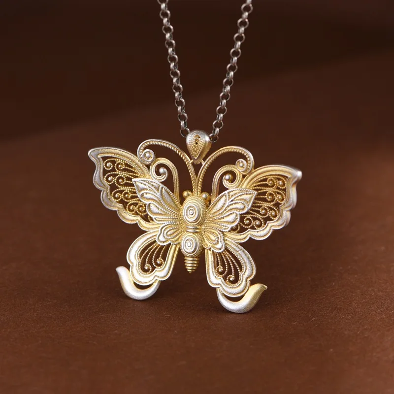 BOCAI S999 Silver Gold Stroke Elegant Chinese Style Light Luxury Butterfly Pendant