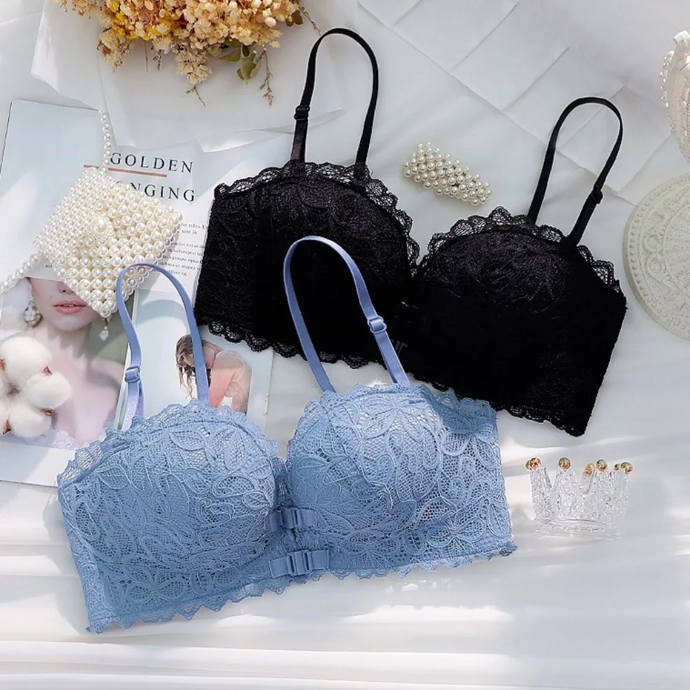 Adjustable Deep V Front Button Bra Underwear Push-Up Wireless Bra Anti-sagging Lace Gathered Bra Daily Wear