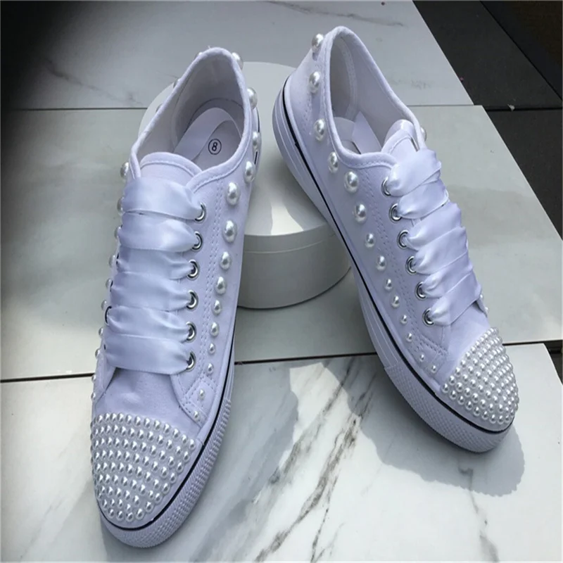 

Low top custom new handmade pearl lace women's lace-up casual sports shoes 35-46