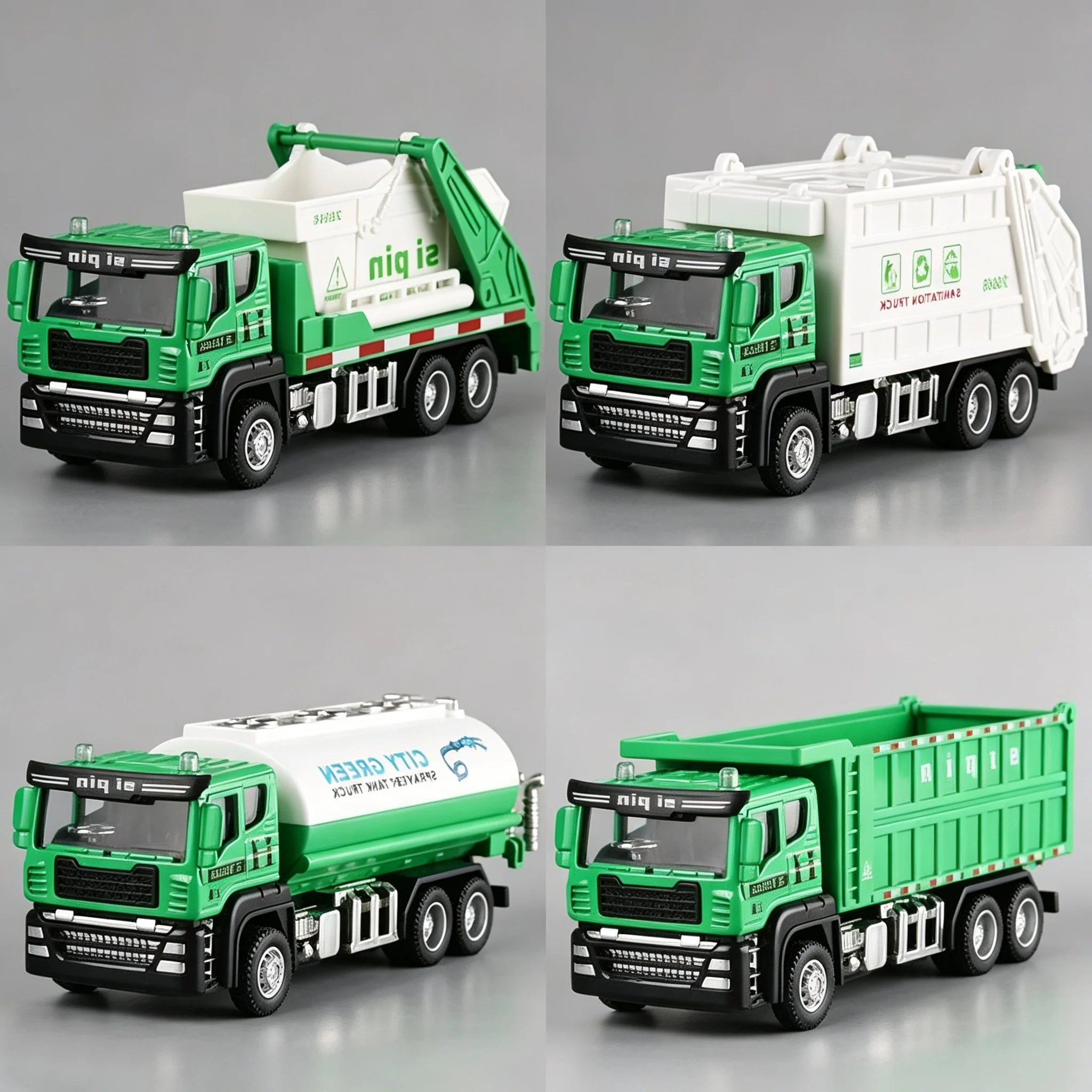 Full Set of 4 Sanitation Vehicles with Durable Alloy Head, Garbage Truck Dump Truck, Kids Inertia Engineering Car Model Toy Gift