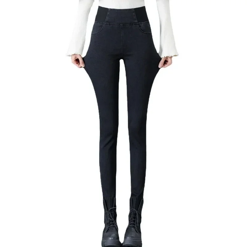 하이웨이스트 플리스 안감 여성 스키니 진 탄력 허리 슬림핏 롱 팬츠 가을 겨울 플러스 사이즈 패션 캐주얼 바지