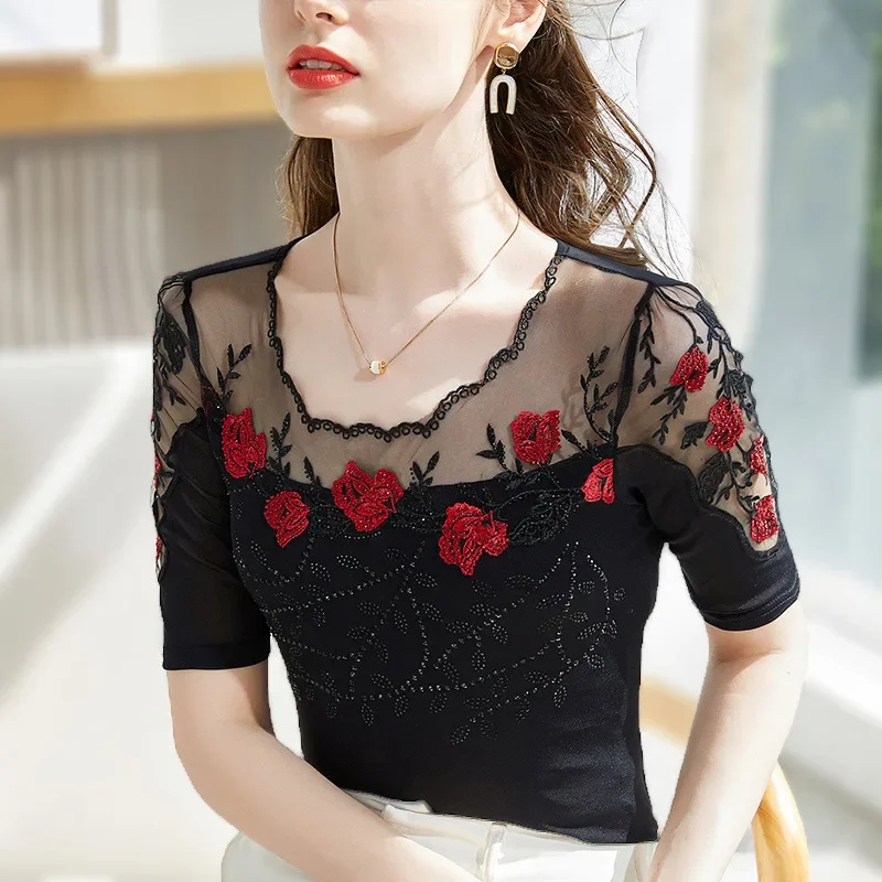 

Embroidered Hot Drill Gauze T-Shirt 2025New Autumn Temperament Stretch Mesh Top Half Sleeved Women's Blusas ZT3
