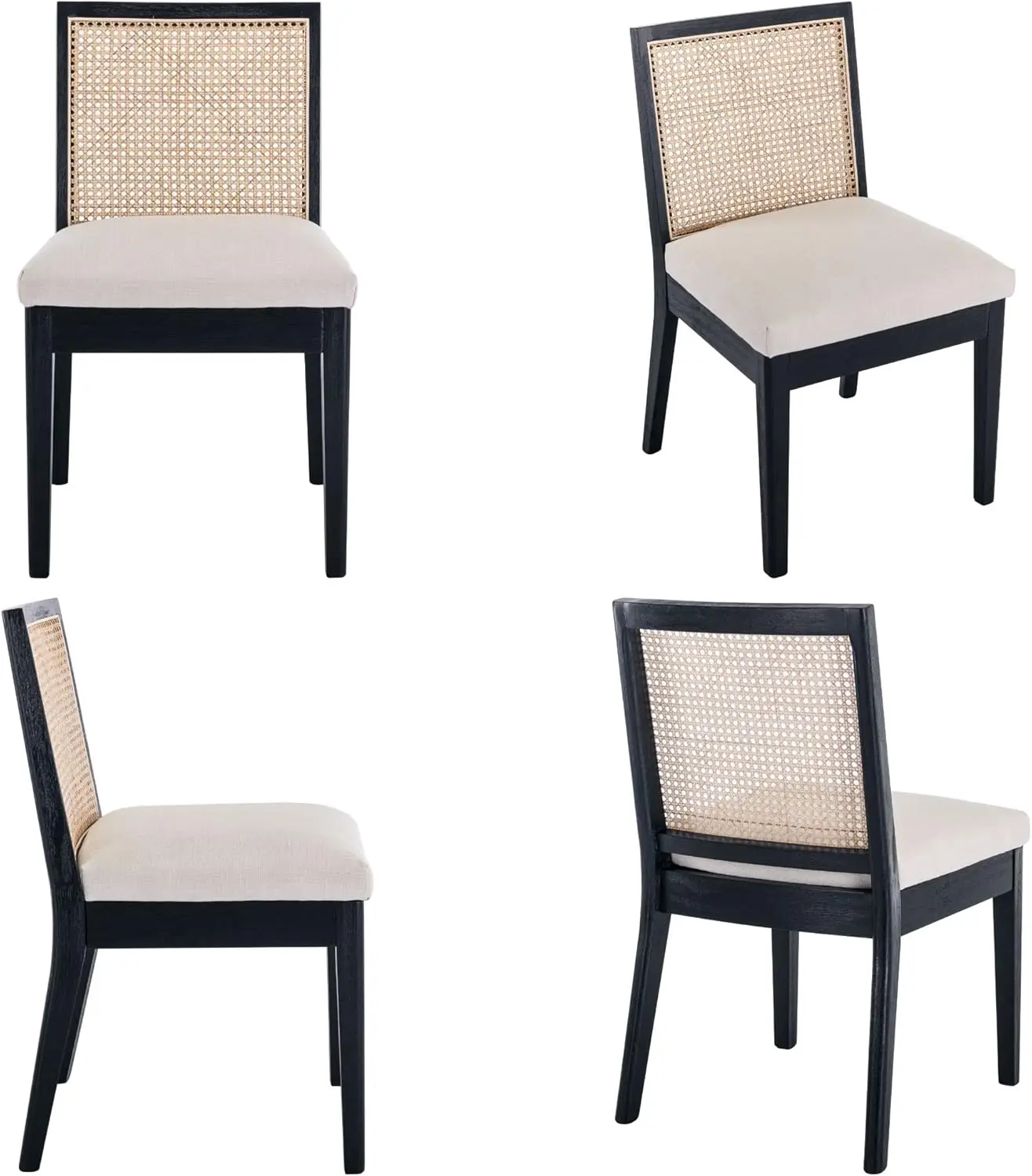 Rattan Dining Chairs Set of 4 Black Wood Dining Room Chairs Rectangle Cane Country Kitchen Chairs Upholstered Dining Chair for D