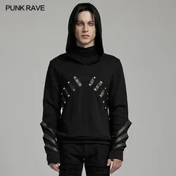 PUNK RAVE Men's Punk Personalized Integrated Collar Hoodie Club PU Loops Loose Fitting Tops Autumn Men Clothing Sweatshirt