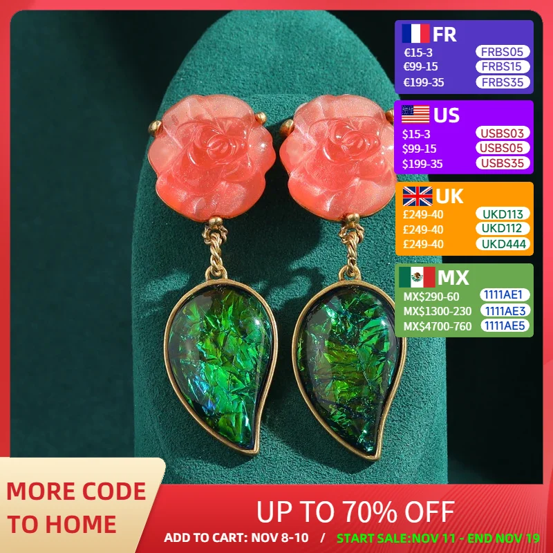 

Bohemia Green Leaves Stone Pink Rose Flower Dangle Earrings Vintage Pendant Antique Jewelry Gold Color Women Korean Style New