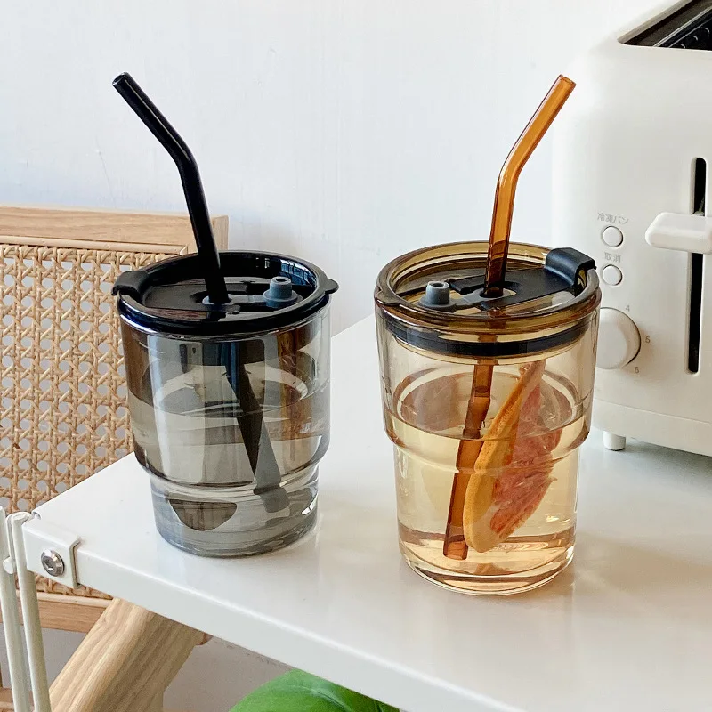 350ml 400ml Coloured Glass Cup Amber Grey Portable Iced Coffee Tumbler Cup with Plastic Lid and Colour Glass Straw 1 Pc