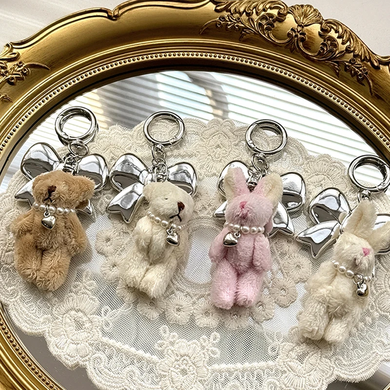 LLavero de oso de perlas estilo Ins, conejito de peluche, Bowknot, colgante para teléfono, estuche para auriculares, bolsa con dijes, decoración de coche, llavero