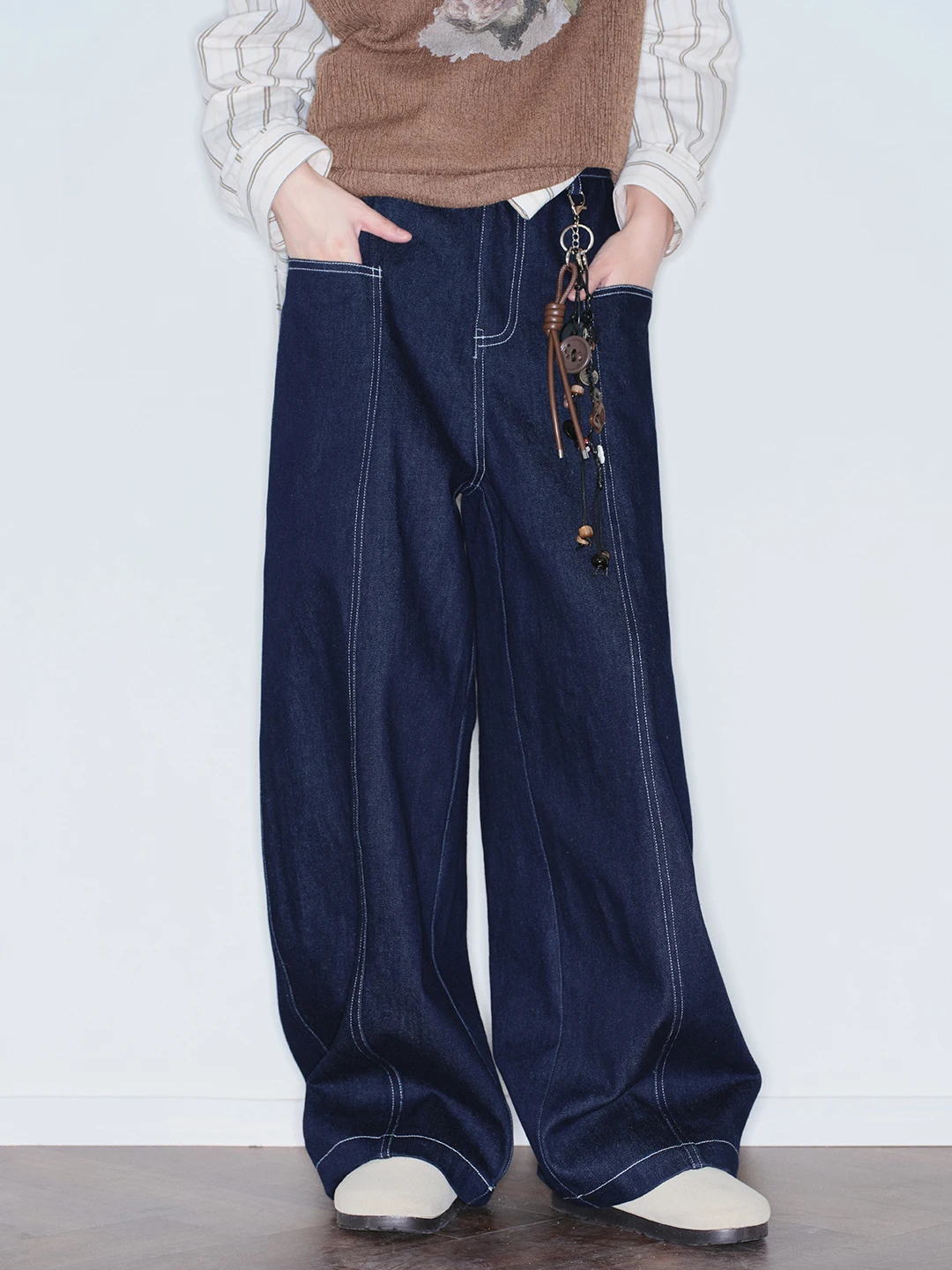 

Universal avitation Museum Color Blo Sewing Line Wide Leg Jeans Women's Spring Autumn Loose Straight Cut Denim Trousers