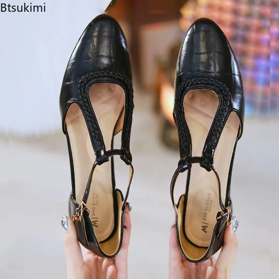 New Summer Women's Retro Hollow Out Pumps Fashion Leather Pointed Toe Chunky Heel Shoes Cover Toe/Heel Shoes Ankle Strap Sandals view 6