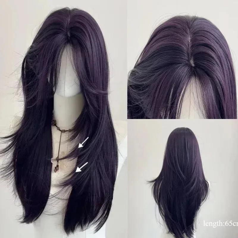 

Ashely темно-фиолетовый парик женский 22 дюйма длинные волосы с восемью челками многослойные натуральные прямые волосы косплей синтетические парики с повязкой на голову
