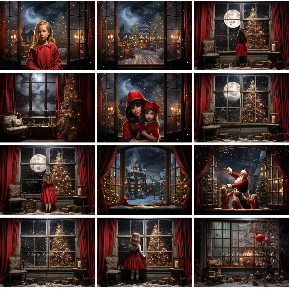 

Christmas Eve Town Photo Background Indoor Red Curtain Window Full Moon Photography Backdrop Kids Portrait Photo Studio Props