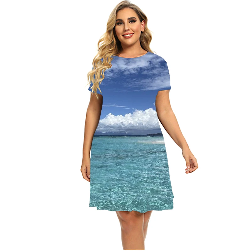 Vestidos estilo praia de cenário natural feminino, mini-vestido de manga curta, casual com gola redonda, roupas soltas estampadas, plus size 6XL, verão