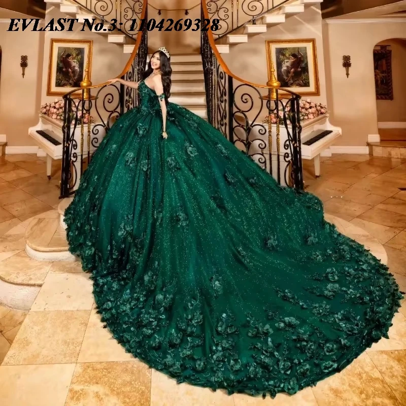 EVLAST Customized Mexican Emerald Green Ball Gown Quinceanera Dress Floral Applique Beading Sweet 16 Vestido De 15 Anos E3Q160