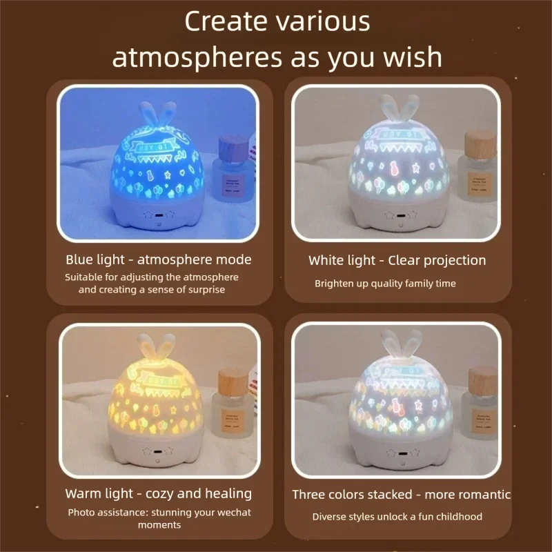 10 Films Rotating Projector Night Light with Music Box, Cute Rabbit Ear USB Mood Nightlight for Kids, Christmas Birthday Gifts