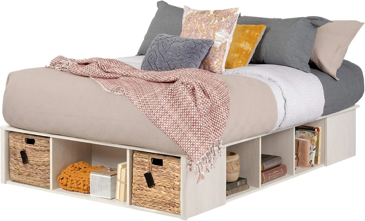 Avilla Full Storage Bed With Baskets, Double, Winter Oak And Rattan