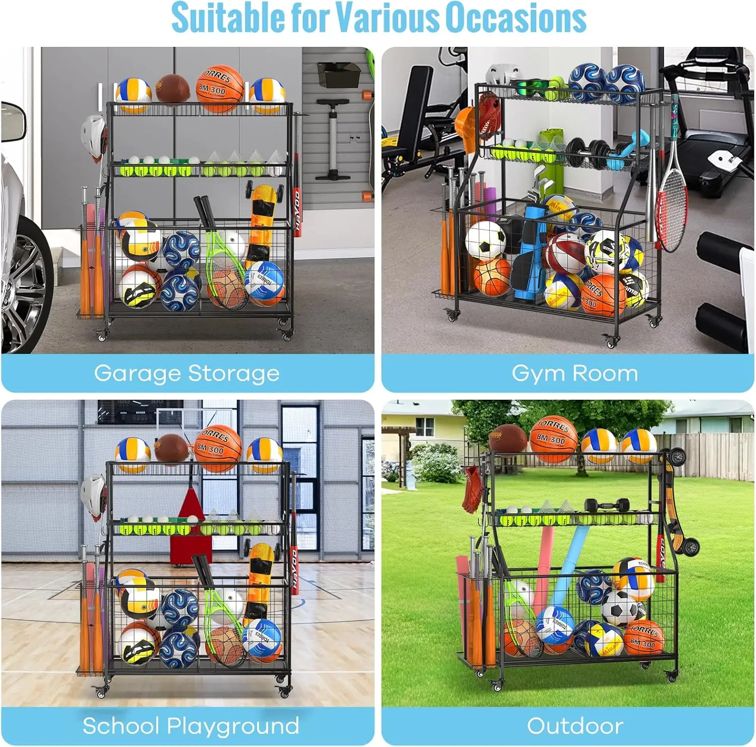 ที่จัดเก็บของในโรงรถพร้อมตะกร้าและตะขอ รถเข็นเก็บของแบบมีล้อสำหรับเก็บของเล่นและอุปกรณ์กีฬา