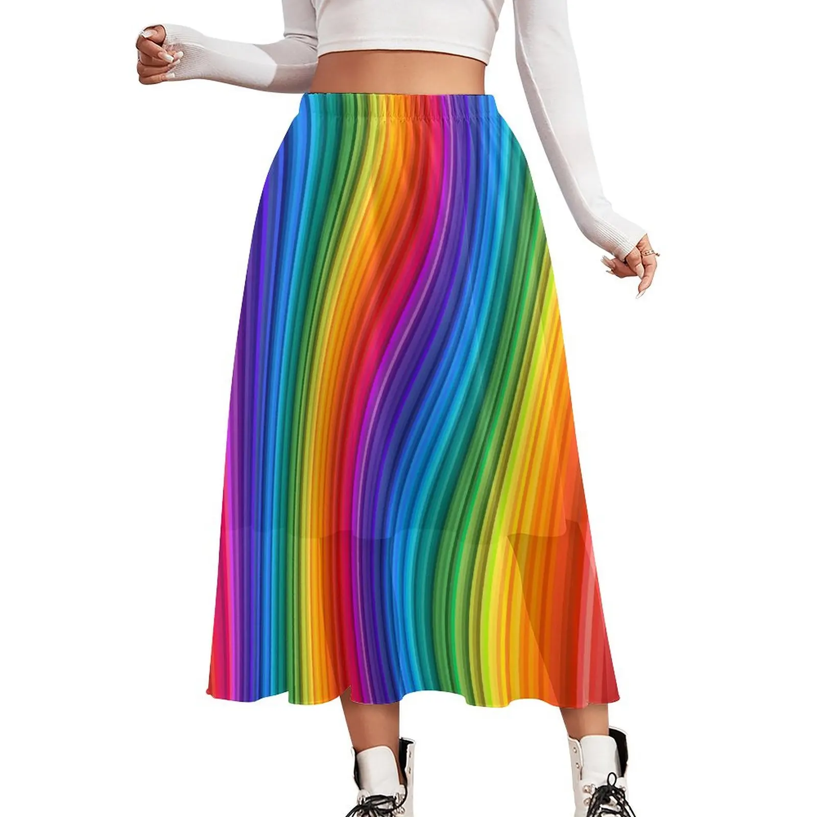 Rainbow Wave Skirt Glittering Swirl Cute Long Skirts High Waist Custom Streetwear Casual Skirt Large Size