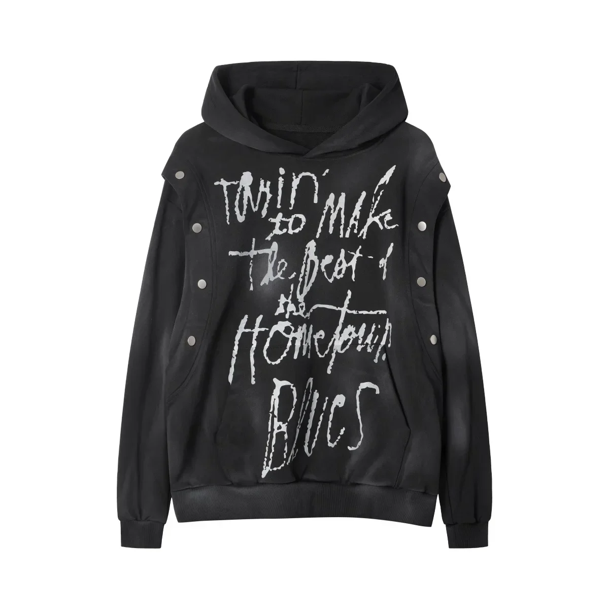 Detachable Sleeves Disressed Black Hooded Women's Hoodies Punk Goth Streetwear Full Letters Oversized Sweatshirts for Women Men