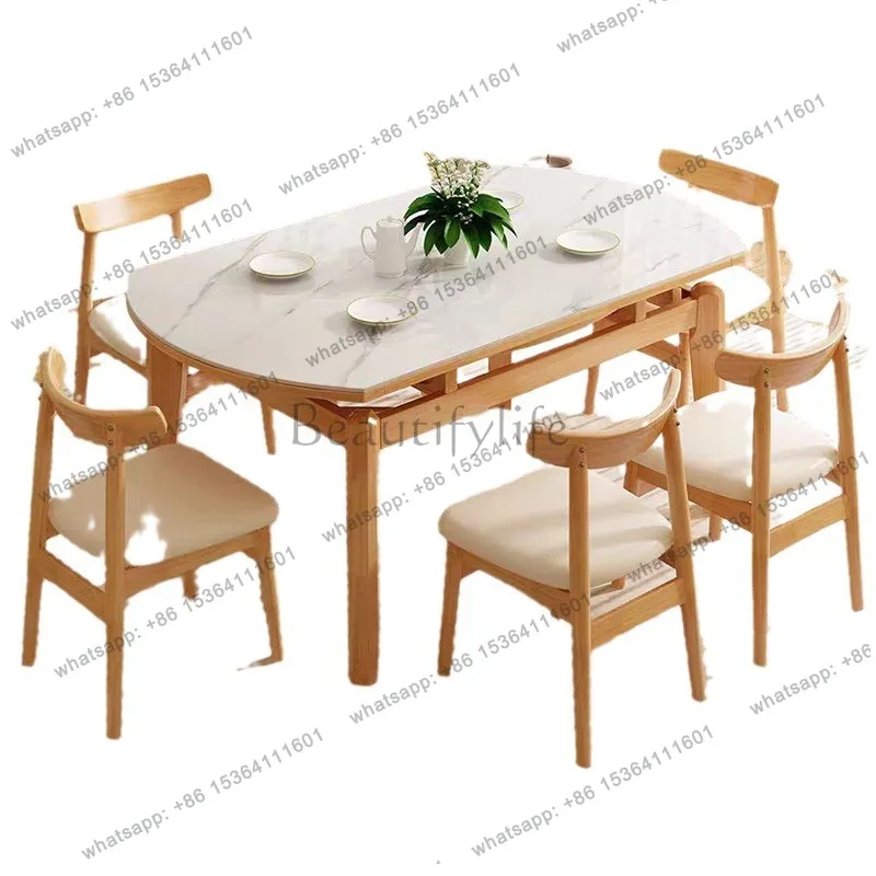 Nordic solid wood rock slab dining table retractable household square and round dual-purpose solid wood folding dining table
