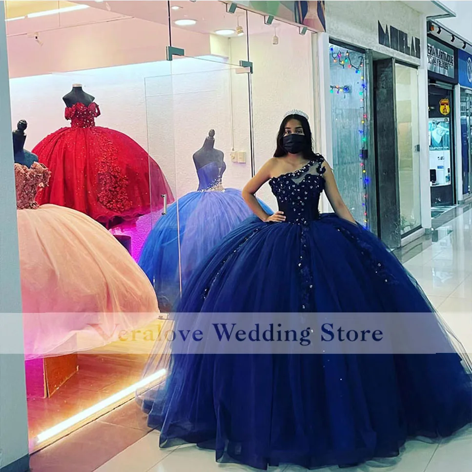 Vestido azul de Quinceañera de 15 años, traje de baile de graduación, con apliques de un hombro, personalizado