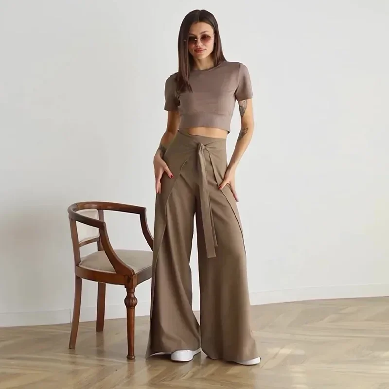 Women Mid Waist Wide Leg Pants Skirt Female Elegant Floor Length Trousers Tight Waist Lace Up Solid Colour Loose 2024 Casual