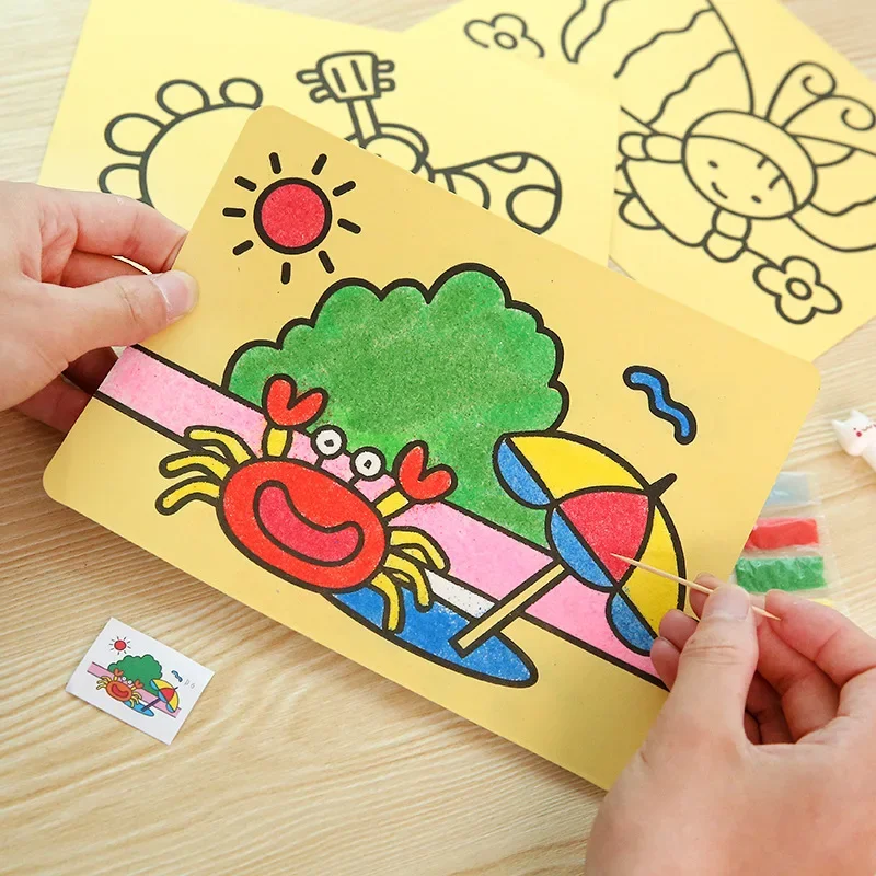 5Pcs/set Cute Cartoon Stick Figure Children Sand Painting Set Fun Kids DIY Colorful Sand Coloring Drawing Puzzle Game