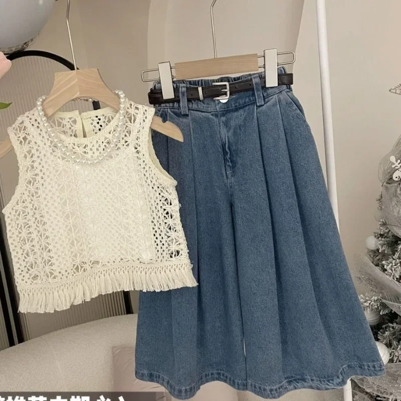 Girls Summer Set 2025 New Korean Womens Treasure Girls Summer Tank Top Jeans Cute and Gentle Design Two Piece Set