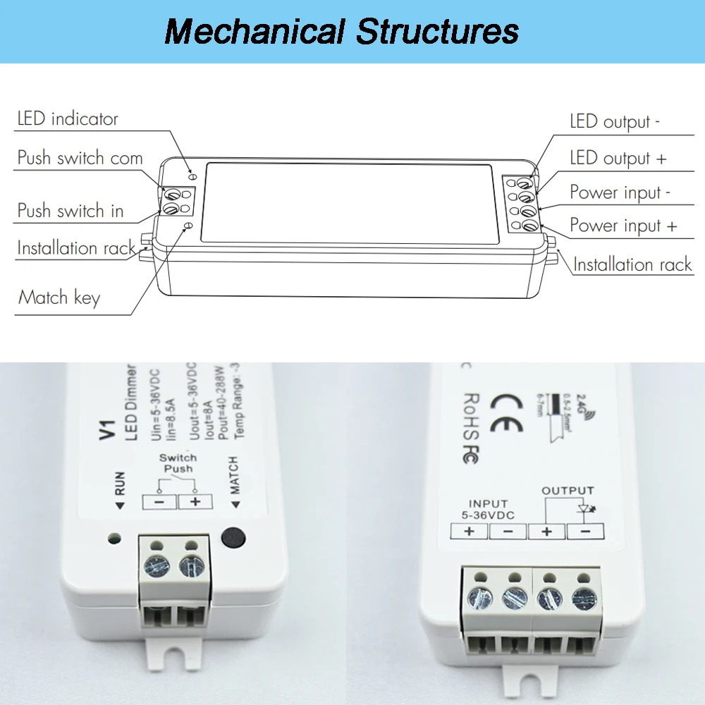 Single Color LED Strip Dimming Kit 12V 24V LED Dimmer 4 Zone Wireless 2.4G RF Touch Wheel Remote Controller Push Switch Dimer