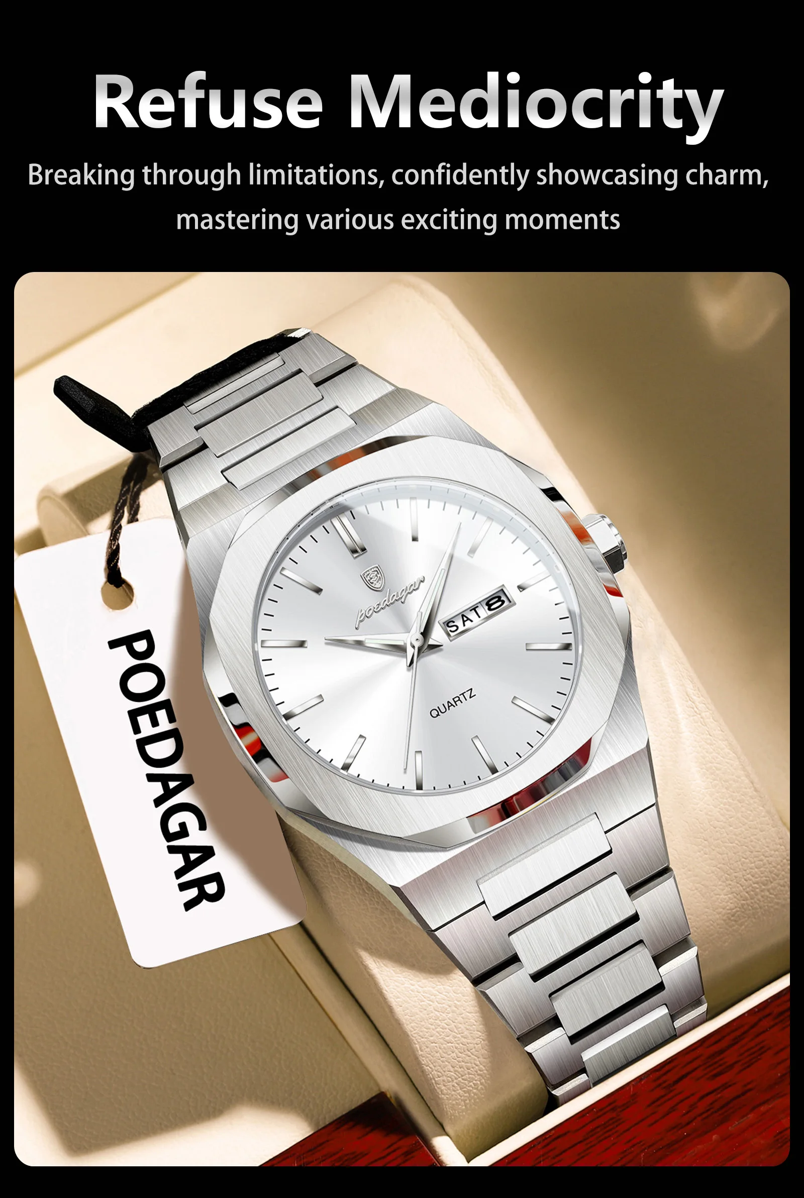 POEDAGAR Mode Marke Männliche Armbanduhr Wasserdicht Leucht Edelstahl Männer Uhr Datum Woche Casual Quarz herren Uhren Reloj – Detail 15