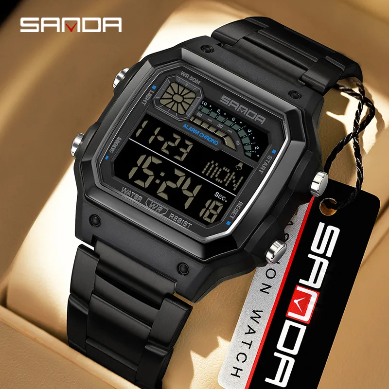 SANDA นักเรียนกีฬาอิเล็กทรอนิกส์นาฬิกาผู้ชายคลิกเดียวไฟกลางคืน + เวลาคู่ + นาฬิกาปลุก 5ATM กันน้ำนาฬิกาจับเวลาถอยหลัง